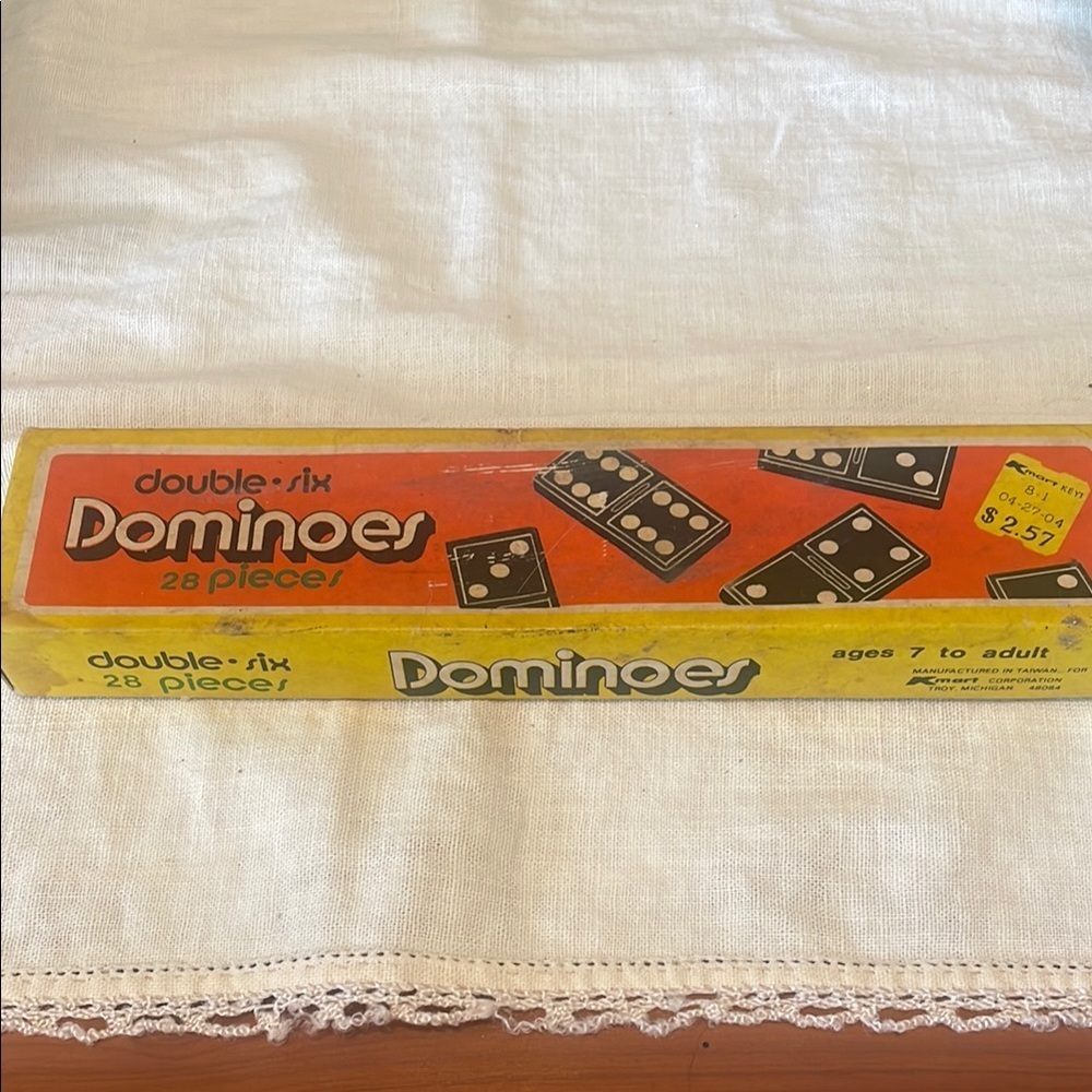 Double-Six Dominoes Set - Yellow and Orange packaging vintage Kmart 2004